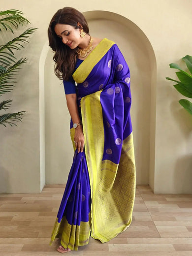 Stunning Royal Blue Silk Zari Weaving Casual Wear Saree With Blouse - Ethnic Plus In